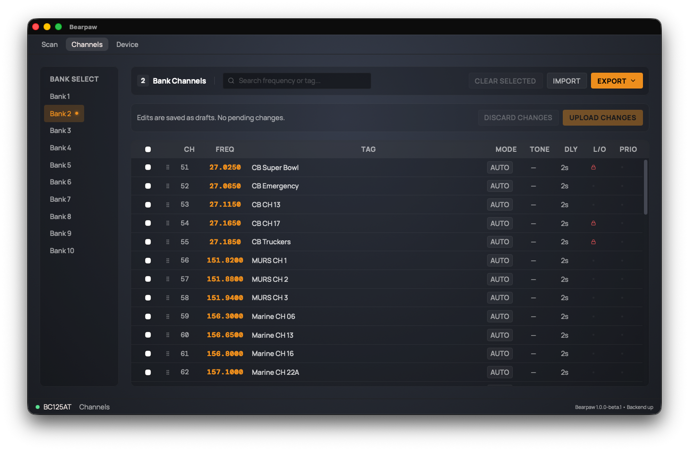 Bearpaw's Channels tab: an editable grid of channels with frequency, tag, mode, tone, and lockout columns, plus import, export, and upload controls