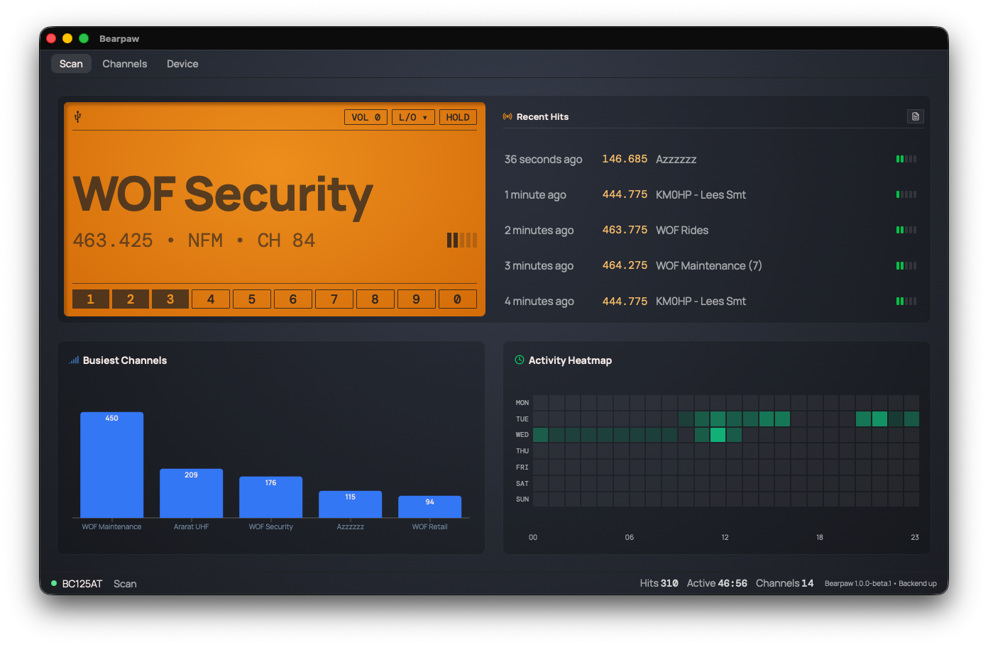 Bearpaw showing a live scanner hit: frequency, alpha tag, and signal strength