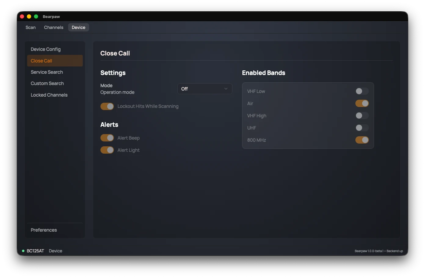 The Close Call section: a Mode dropdown, Lockout Hits While Scanning toggle, Alert Beep and Alert Light toggles, and Enabled Bands switches for VHF Low, Air, VHF High, UHF, and 800 MHz.