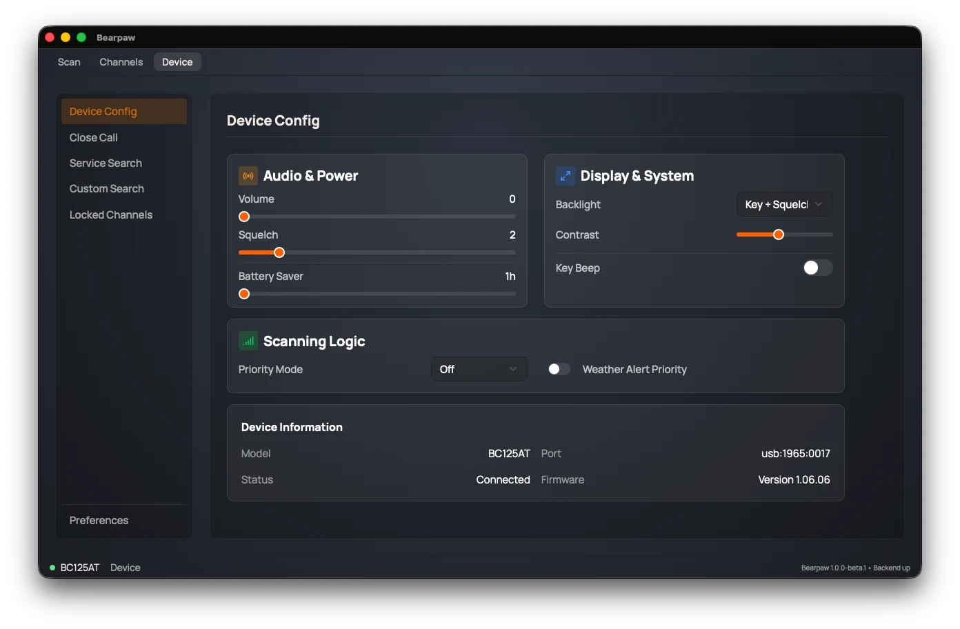 The Device Config section: Audio & Power (Volume, Squelch, Battery Saver), Display & System (Backlight, Contrast, Key Beep), Scanning Logic (Priority Mode, Weather Alert Priority), and a read-only Device Information card.