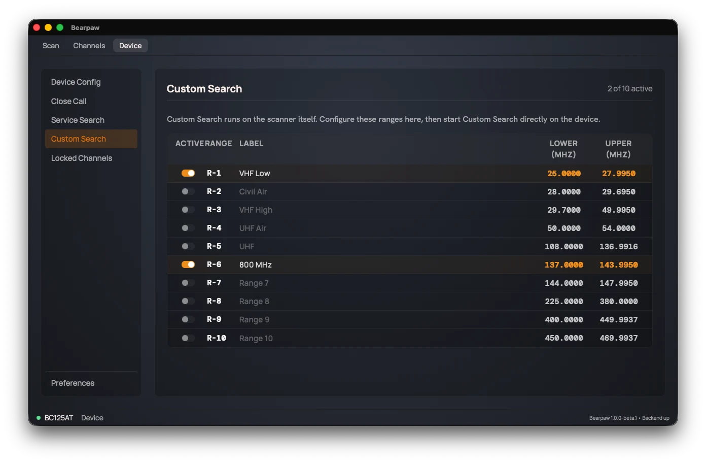 The Custom Search section: a table of ten ranges (R-1 to R-10), each with an Active switch, a Label, and Lower and Upper frequency values in MHz.