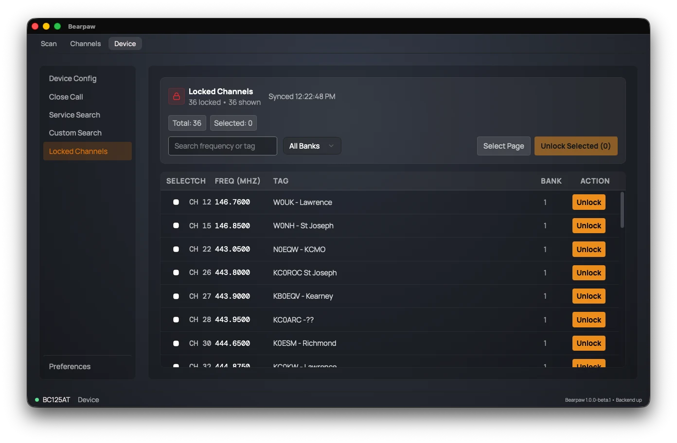 The Locked Channels section: a summary showing 36 locked channels, a search box and bank filter, and a table of locked channels each with a per-row Unlock button.