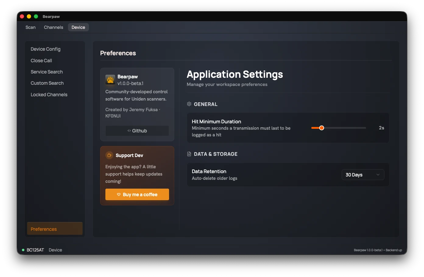 The Preferences section: an About card with the app version and a GitHub link, a Buy me a coffee card, and Application Settings for Hit Minimum Duration and Data Retention.