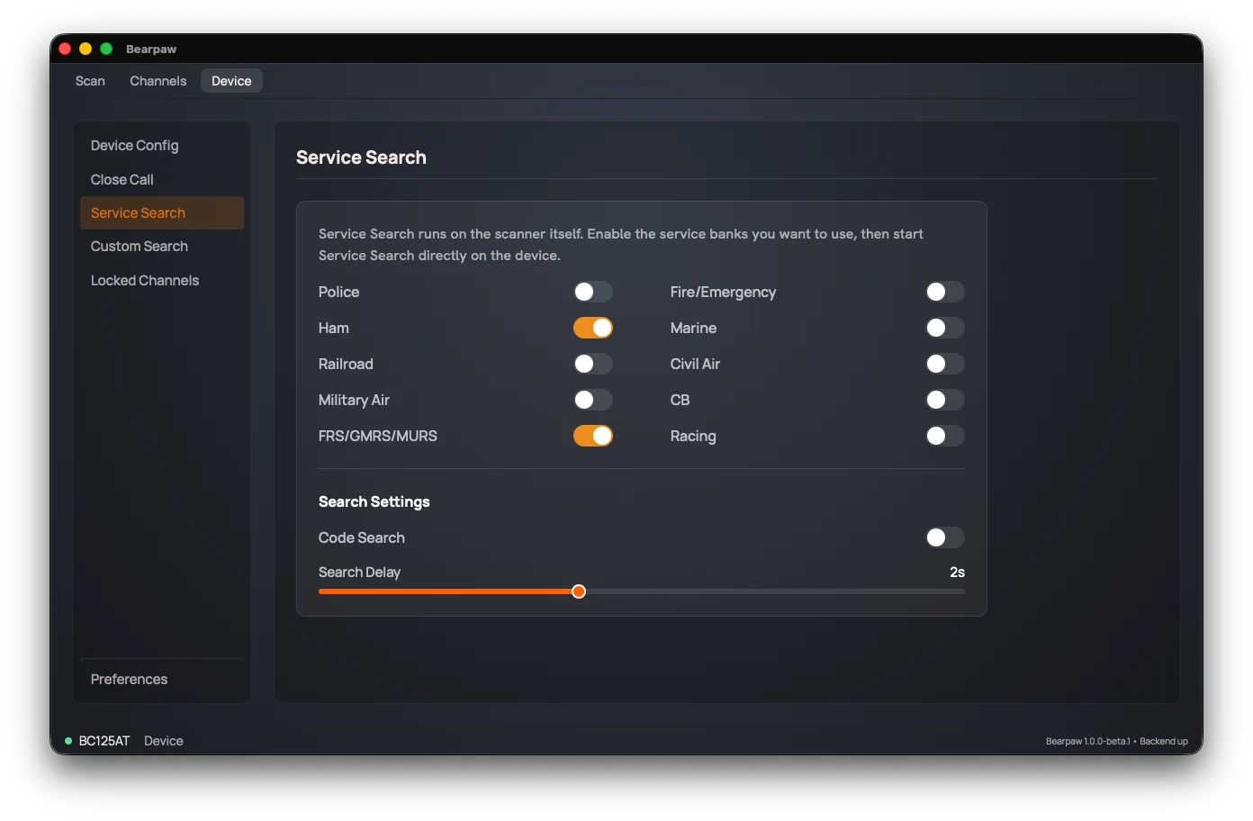 The Service Search section: ten service toggles (Police, Fire/Emergency, Ham, Marine, Railroad, Civil Air, Military Air, CB, FRS/GMRS/MURS, Racing) and Search Settings for Code Search and Search Delay.
